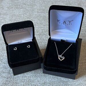 Kay Jewelers Heart Necklace & Earrings Set 925 Sterling Silver Pave Diamonds